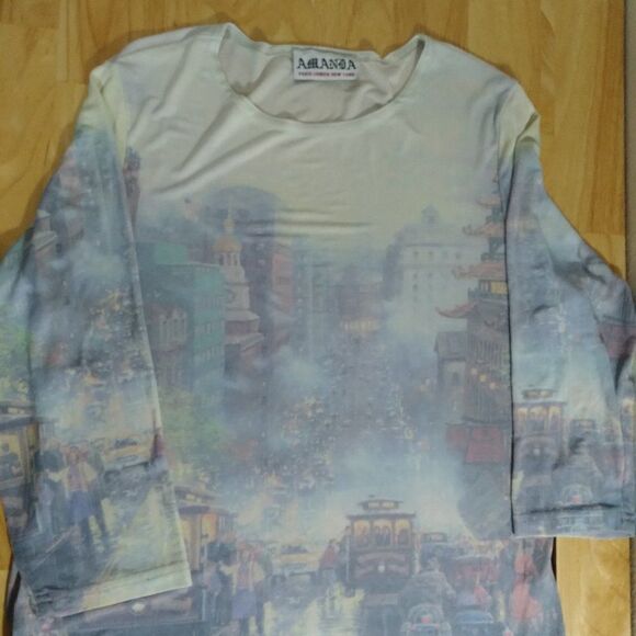 amanda Tops - Vintage Amanda Hong Kong AOP Illustration Shirt Blouse